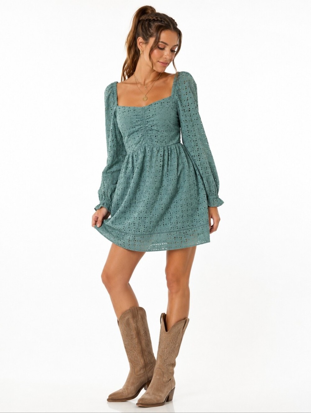 Chelsea28 Eyelet Mini Dress S Sage Green Cotton Ruched Puff Sleeve